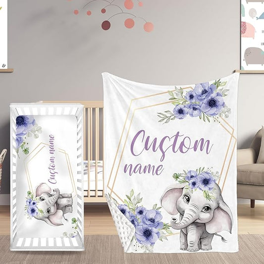 2-Piece Personalized Crib Bedding Set for Girls Boys, Including Double Layer Blanket, Crib Sheet, Infant Elephant Theme Set with Custom Name, Cozy and Durable Crib Set