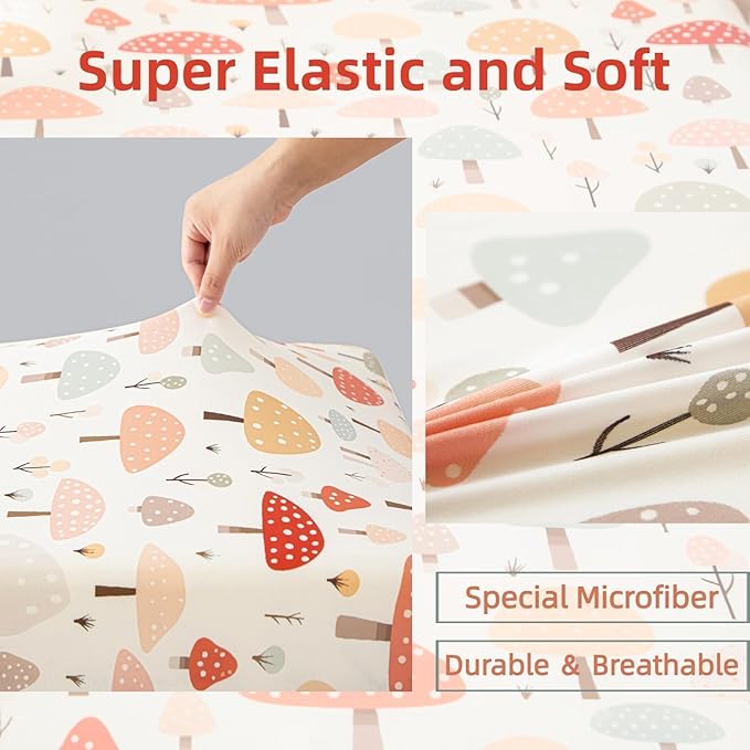 SDIII 2 Pack Mushroom Crib Sheets for Boys Girls 52×28 Stretchy Microfiber Jersey Knit Fall Fitted Crib Sheet for Standard Crib and Toddler Mattress