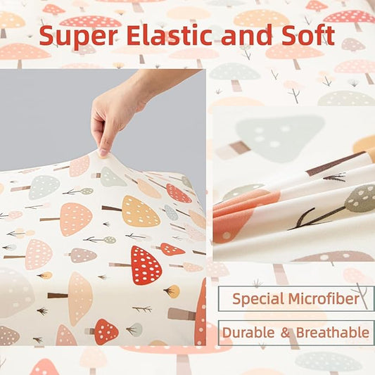 SDIII 2 Pack Mushroom Crib Sheets for Boys Girls 52×28 Stretchy Microfiber Jersey Knit Fall Fitted Crib Sheet for Standard Crib and Toddler Mattress