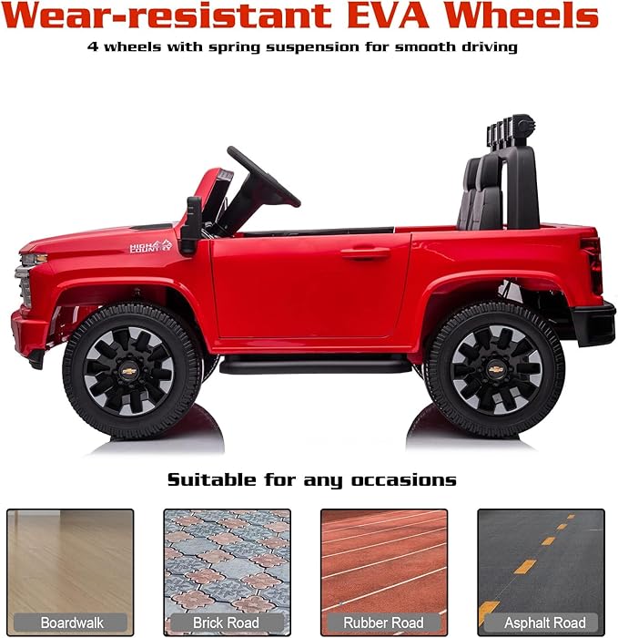 FINITO 24v Ride on Toys for Kids，Licensed Chevrolet Silverado ，2 Seater Battery Powered Ride on Cars，with Parental Remote Control, Music, Bluetooth, Gift for Kids(Red)