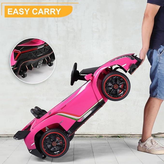 Winado 12V Ride on Car, Electric Vehicle Licensed Lamborghini Veneno for Kids, Battery Powered Car Toy w/Parent Control, Hydraulic Doors, 3 Speeds, LED Headlights, Horn, Engine Sounds - Pink