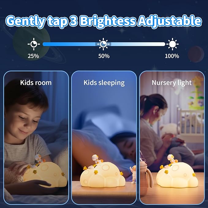 ICARER FAMILY Auto-Off Night Light for Kids - Rechargeable Touch Control Bedside Lamp, Planet Night Lights for Nursery, Gift for Girls Boys