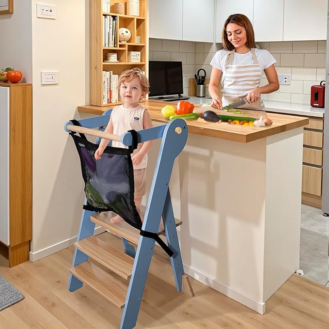 Foldable Toddler Tower, Kids Kitchen Step Stool, Height Adjustable Montessori Toddler Standing Tower with Safety Rail & Anti-Slip Design, Wooden Helper Stool for Ages 1–6 (Blue Gray)