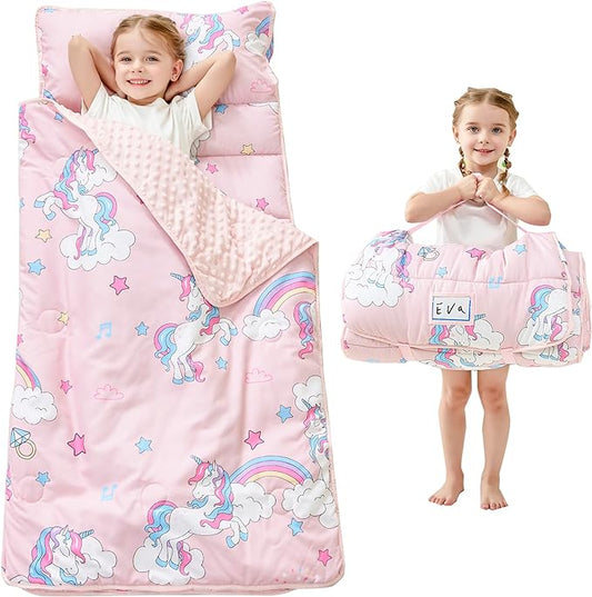 Toddler Nap Mat with Pillow and Blanket, Extra Large Rolled Napping Mats,Slumber Bags for Boys Girls,Kids Sleeping Bag for Daycare, Preschool Travel Camping
