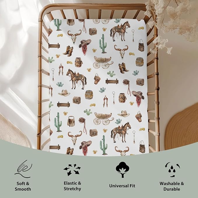 Western Cowboy Baby Crib Sheets for Boy 52"x28" Cowboys Horse Boots Hats Golds Cactus Soft Snug Fitted Crib Mattress Cover Wild West Cowboy Life Baby Sheet for Standard Crib & Toddler Bed Mattress