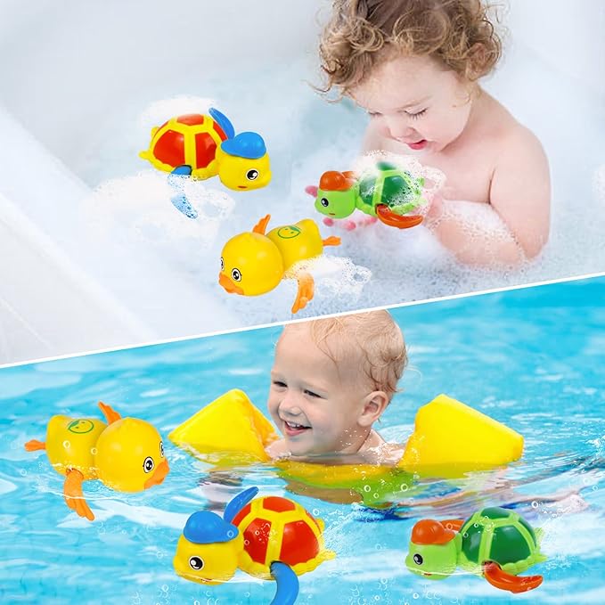 Baby Bath Toys, Floating Wind Up Swimming Turtle and Duck, Bathtub Toys, Pool Toys, Water Toys for Toddlers Boy Girl 3 Pack