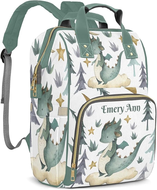 Personalized Cute Dragon Watercolor Custom with Name Diaper Bag Backpack For Baby Boy Girl Dad Mom Unisex for Adult Daypack Holiday Gift