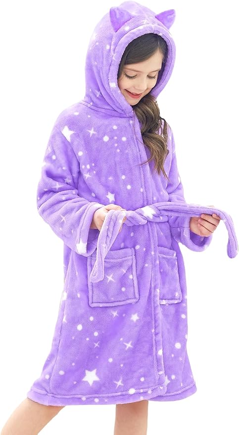 Doctor Unicorn Girls Leopard Cat Robe Kids Fleece Warm Hooded Bathrobe