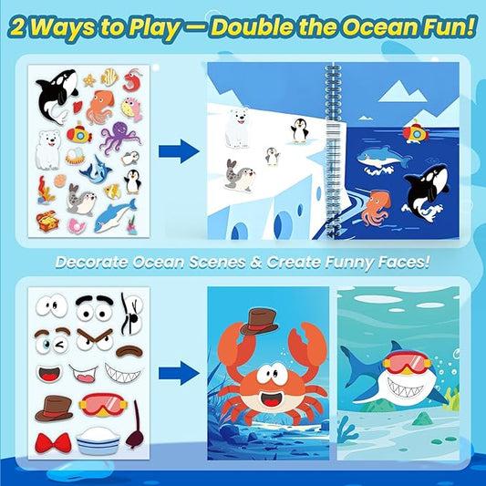 Ocean Reusable Sticker Book for Toddlers, DIY Make-a-face Animals Fun Jelly Stickers, Washable Puffy Stickers for Kids Toys, Airplane Road Trip Travel Activities Essentials for Kids 3 4 5 Years