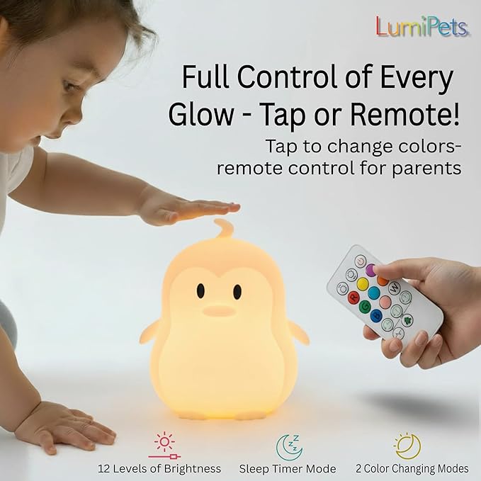 Lumipets Remote Control Silicone Night Light for Kids - Penguin Design with 9 Soft Colors & Sleep Timer - Rechargeable, Battery-Operated Lamp for Bedroom | Baby Nursery, Toddler, Girls, Boys