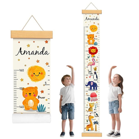 Personalized Name Baby Height Growth Chart Wall, Animal Canvas Kids Height Wall Chart Removable, Waterproof Height Chart Nursery Wall Decor for Baby Kids Toddlers