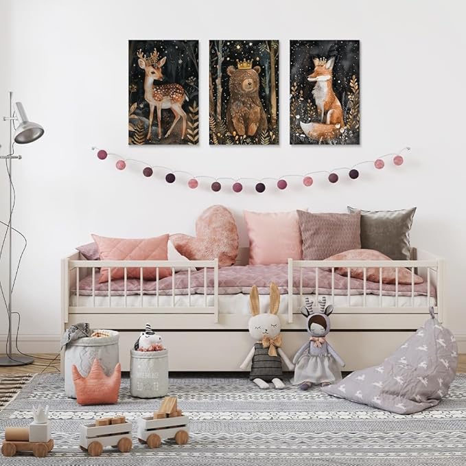Enchanted Forest Animal Nursery Decor, Set of 3 Canvas Prints, Royal Deer, Crowned Bear, Majestic Fox, Wild Night Forest Nursery Wall Art Decor, Baby Boy Girl Kid Room Decor, Framed 16"x24"