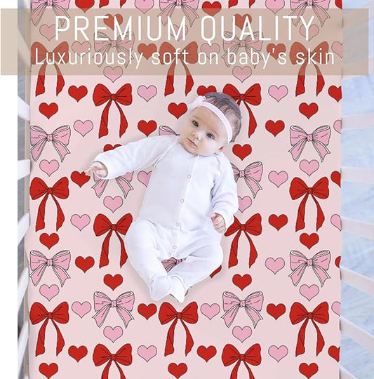 Ribbon Bows Heart Baby Crib Sheets for Boys Girls Pink Red Bows Ribbon Soft Stretchy Fitted Crib Mattress Covers for 52''x28'' Standard Crib & Toddler Mattress Baby's First Valentine's Love Bed Sheets