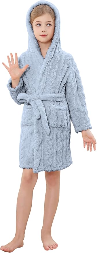 Umeyda Girls & Womens Twist Fleece Robes, Hooded Soft Warm Bath Robe for Kids Womens Fuzzy Bathrobe for Gifts