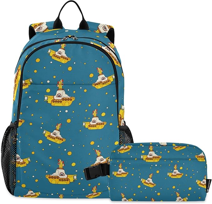 Jucciaco Yellow Submarine Backpack with Lunch Bag, School Travel Backpack for Teens Boys Girls Kids Backpacks Set