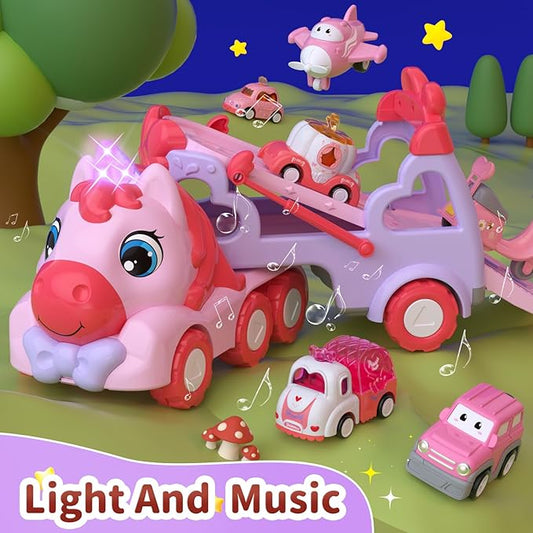 Toys for 2 3 Year Old Girl Truck, 7-in-1 Girl Carrier Truck Car with Light & Sound, Toddler Girl Car Toys Age 2-4, Cars for 2+ 3+ Year Old Girls Birthday