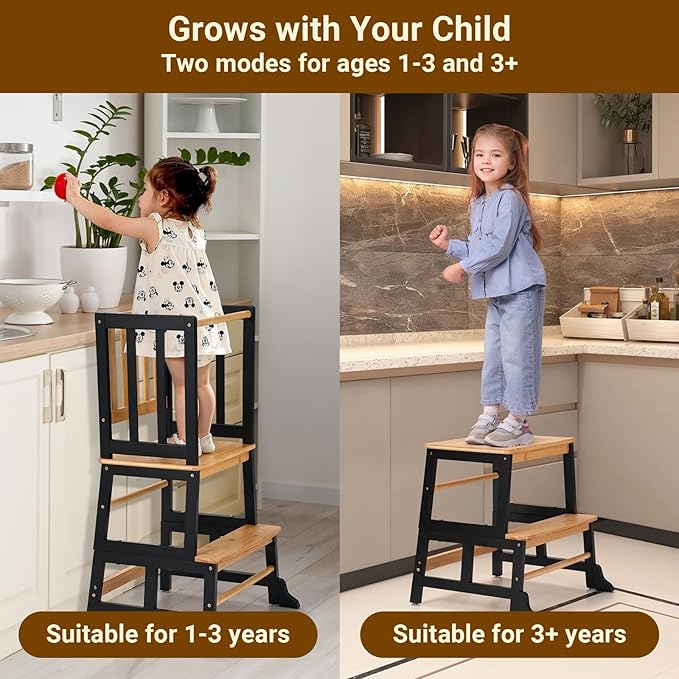 COSYLAND Kids Kitchen Step Stool Helper - Wooden Standing Tower for Kids with Anti-Tip Support Legs (Black & Natural)