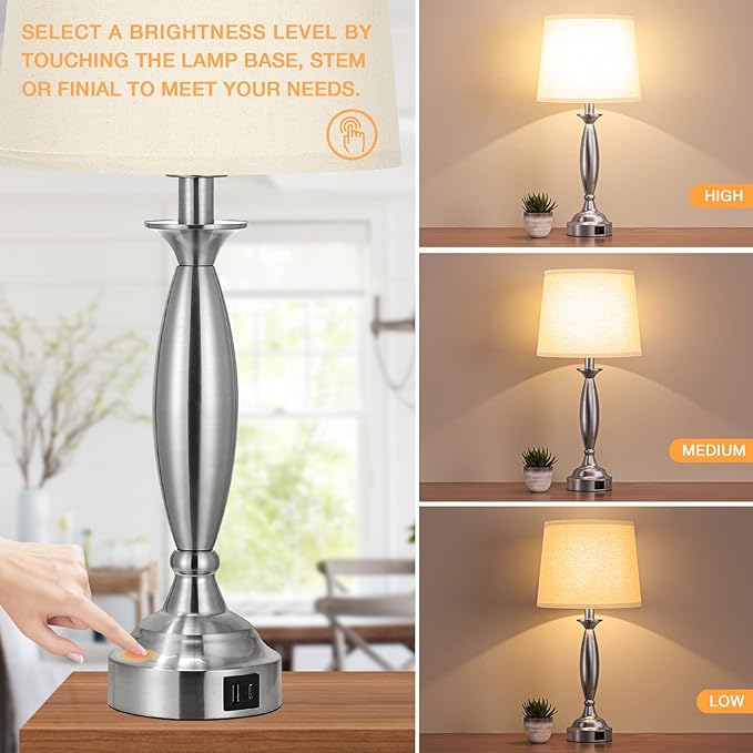 Beige Lamps for Bedrooms Set of 2 - Touch Control Bedside Lamp with USB C+A, 3 Way Dimmable Nightstand Lamps with USB Port, Table Lamp for Living Room(Beige Shade and Nickel Base)