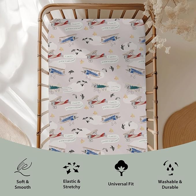 Vintage Planes Birds Sky Baby Crib Sheets for Boy Girl 28"x52" Retro Flying Airplanes Soft Stretchy Fitted Crib Mattress Covers Aircraft Travel Baby Sheets for Standard Crib & Toddler Mattress Pad