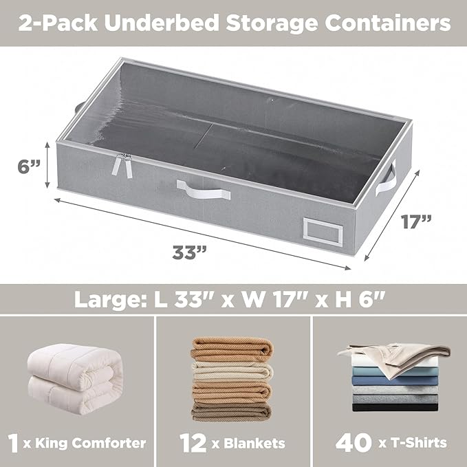 COYACOOL Under Bed Storage, Under Bed Storage Containers Bins for Clothes, Large Linen Underbed Closet Organization Bins, 2 Pack Collapsible Underbed Bin Dorm for Clothes, Sweater, Gray