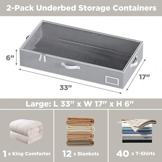 COYACOOL Under Bed Storage, Under Bed Storage Containers Bins for Clothes, Large Linen Underbed Closet Organization Bins, 2 Pack Collapsible Underbed Bin Dorm for Clothes, Sweater, Gray