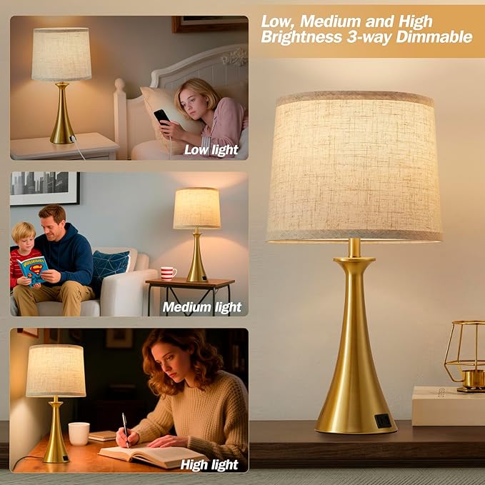 Hikczc Touch Lamp for Living Room Bedroom, 21" Table Lamps Set of 2 with USB C+A Ports, Touch Bedside Lamps for Nightstand with 3 Way Dimmable, 2 LED Bulbs Included, Gold