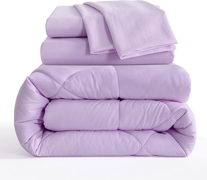NTBAY Twin Comforter Set with Sheets, 5 Pieces Soft and Breathable Twin Bedding Set, Twin Bed in a Bag, Down Alternative Comforter Set Solid Color All Season, Kids Bedding Set, Light Purple