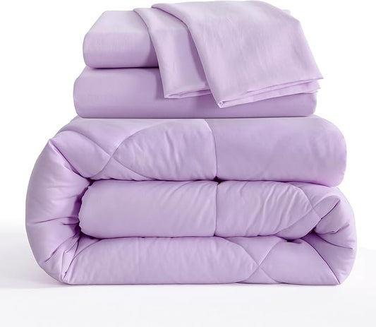 NTBAY Twin Comforter Set with Sheets, 5 Pieces Soft and Breathable Twin Bedding Set, Twin Bed in a Bag, Down Alternative Comforter Set Solid Color All Season, Kids Bedding Set, Light Purple