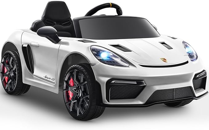 First Ride On 12V Ride on Car for Kids, Licensed Porsche 718 Spyder Battery Powered Ride on Toy, Child Electric Car w/Music, USB, MP3, Bluetooth, 3 Speeds, Wheels Suspension, Led Lights (White)