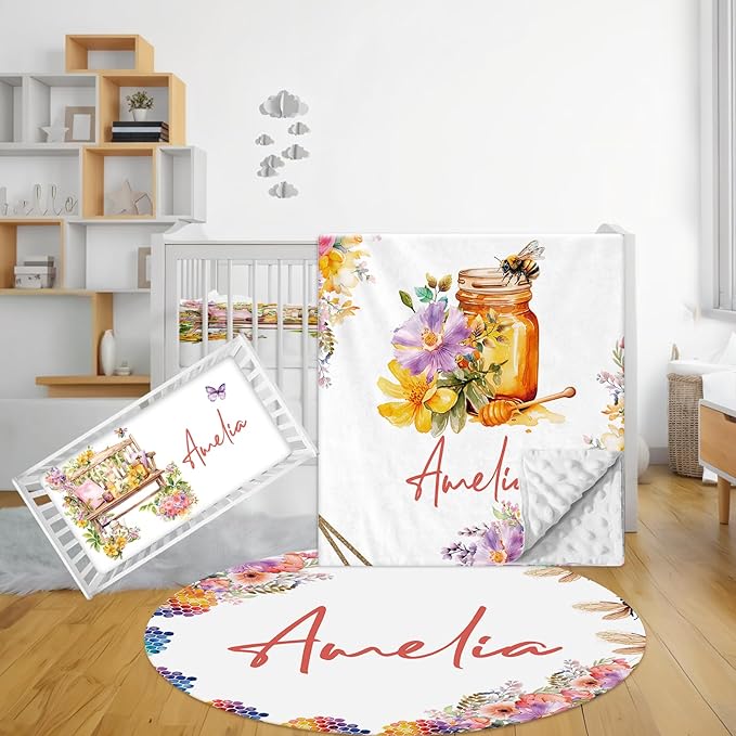Custom Baby Crib Bedding Set - 3 Pcs Personalized Nursery Bedding Set with Name, Soft Double Layer Baby Crib Set for Girls Boys, Customized for Toddlers Infants, Yellow Bee