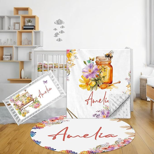 Custom Baby Crib Bedding Set - 3 Pcs Personalized Nursery Bedding Set with Name, Soft Double Layer Baby Crib Set for Girls Boys, Customized for Toddlers Infants, Yellow Bee