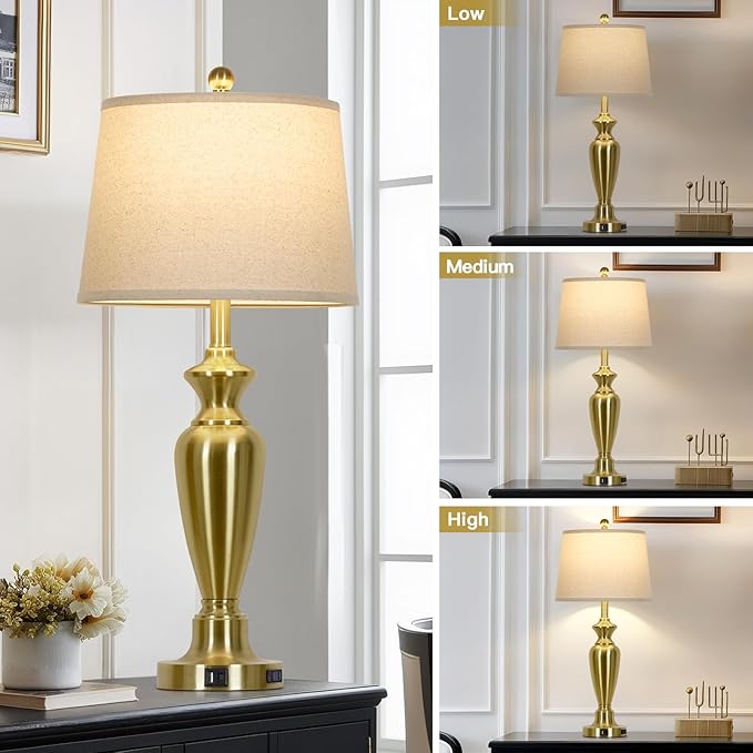 Cinyirong 30" Tall Gold Table Lamps Set of 2, Touch Control Bedside Lamp with USB A+C Ports and AC Outlet, 3-Way Dimmable Modern Metal Nightstand Lamp for Bedroom Living Room, 2 LED Bulbs Included