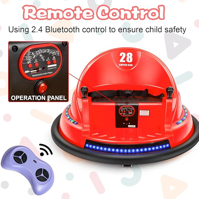 Edostory 6V Electric Ride On Bumper Car for Kids, 1.5-8 Years Old Baby Bumping Toy Cars, DIY Sticker Baby Toy Gifts, Remote Control, Bluetooth, 360 Spin DIY Numbers 00-9 ASTM-Certified Red