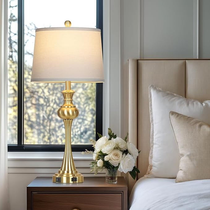 Cinyirong 28.75" Gold Table Lamps Modern 3-Way Touch Control Dimmable Bedside Lamp with USB A+C Ports & AC Outlets for Living Room Bedroom Nightstand Lamp (Bulb Included)