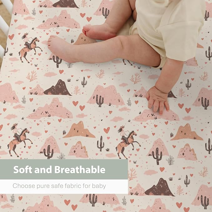 Vintage Pink Cowgirl Cactus Baby Crib Sheets for Boy Girl 52"x28" Western Cowgirl Love Soft Stretchy Fitted Crib Mattress Cover Wild Desert Baby Sheet for Standard Crib & Toddler Mattress Pad