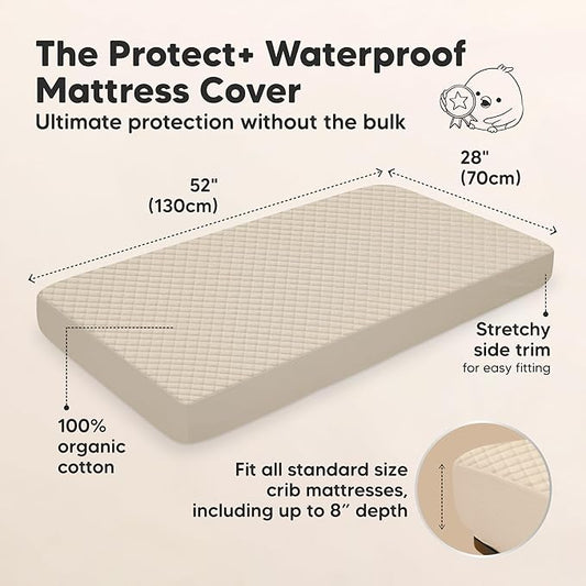 2-Pack Waterproof Crib Mattress Protector Cover Fitted - Quiet Baby Crib Mattress Pad Sheets, 52" x 28" Soft Quilted Cotton Baby Sheet, Machine Washable, Easy Fit, Durable (Ecru/Quin)
