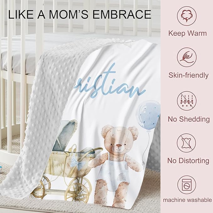 Personalized Baby Crib Bedding Set, Custom Name Bear Doll Design Baby Bedding 2-Pcs Set - Soft Double Layer Dotted Blanket and Fitted Sheet, Nursery Bedding for Newborn Boys Girls, Perfect Shower Gift