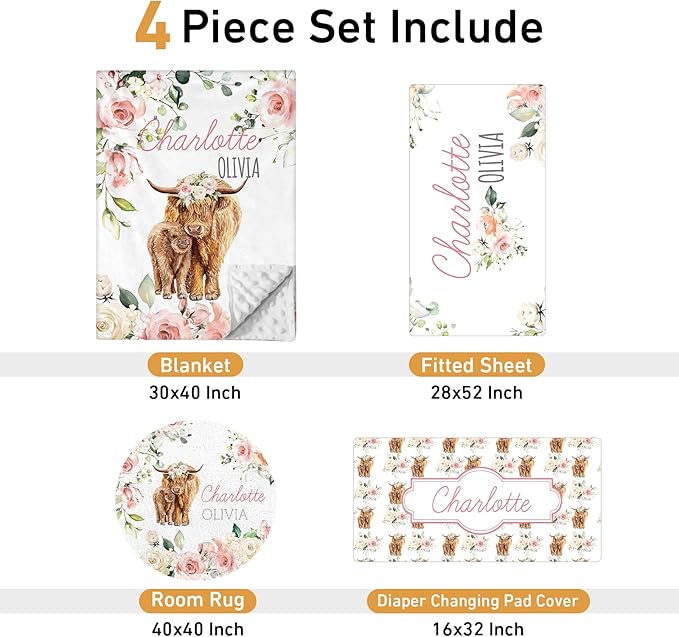 Personalized Crib Bedding Set - 4 Piece Custom Gift Big Highland Cow Crib Bed Set with Name, Soft Double Layer Blanket Set for Infant Baby Girl, Nursery Bedding Set for Toddler Boys