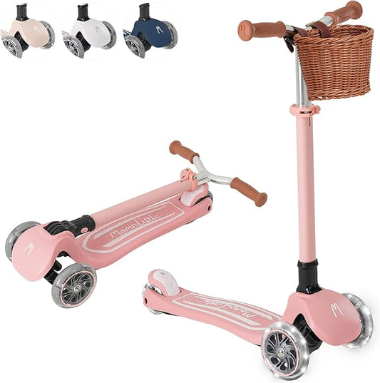 MomnLittle Kick Scooter for Kids Ages 3-10 (Beige/Pink/Navy/White) 3 Wheeled with LED Light-Up Wheels CPSC Certified Foldable and 4 Height Adjustable Toddler Scooters for Boys Girls