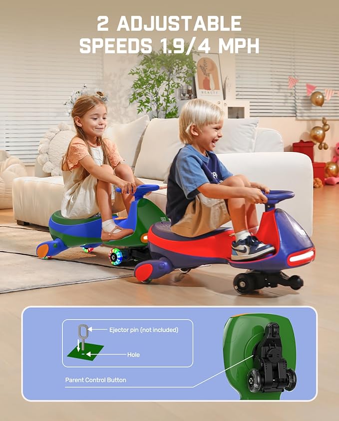 FanttikRide N7 Pro Electric Wiggle Car with Pedal, Rechargeable Battery, CyberWiggle, 2 in 1 Swing Car, 2 Speeds Max 4 Mph, Anti-Rollover, Flashing Wheels, Bluetooth, for Ages 3 and Up, 150 Lbs, Green