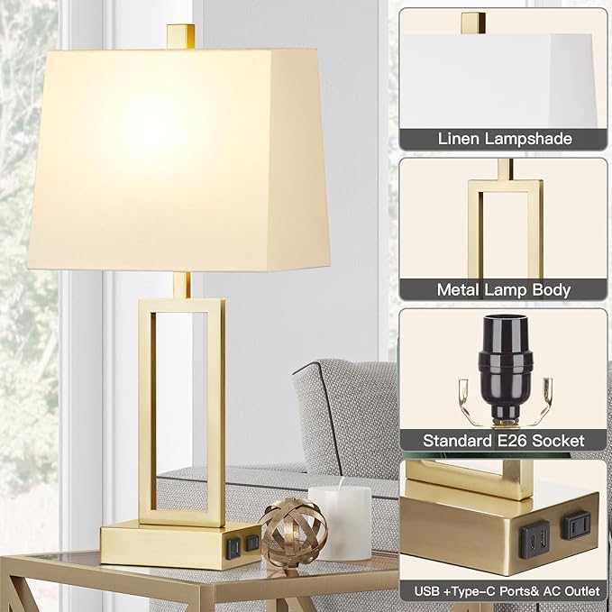 Lolikit 23.5" Touch Control Table Lamps, Metal Bedside Lamp for Bedroom Set of 2 with USB A+C Ports & AC Outlet, 3-Way Dimmable Nightstand Lamp for Living Room (LED Bulb Included)