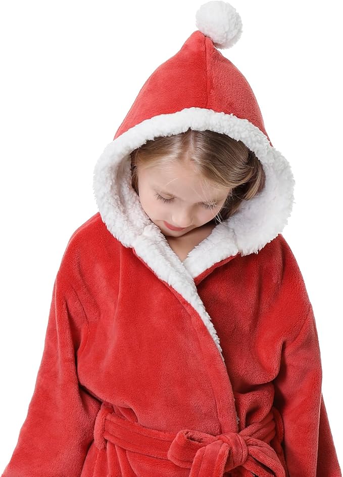 Hooded Herringbone Girl's Fleece Soft Spa Kimono Long Robe,Kids Comfy Sleepwear Bathrobe