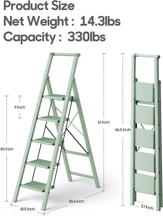 HillhutApex 5 Step Foldable Aluminum Step Ladder with Handgrip, Anti-Slip Pedal, 330 lbs Capacity, Lightweight & Portable for Home, Kitchen, Office, Garage (Pale Green)