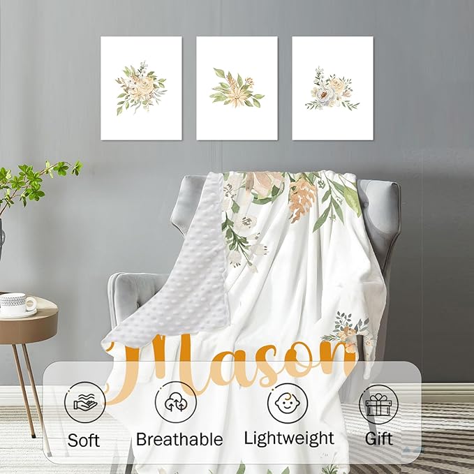 Floral Personalized Baby Crib Bedding Set – Custom Name 5-Piece Nursery Crib Set with Baby Blanket Fitted Sheet Changing Pad Cover Room Rug and Wall Art – Girl’s Nursery Decor