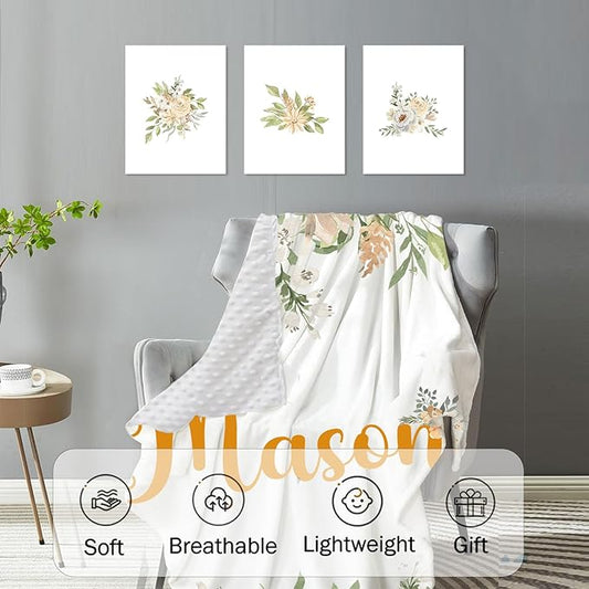 Floral Personalized Baby Crib Bedding Set – Custom Name 5-Piece Nursery Crib Set with Baby Blanket Fitted Sheet Changing Pad Cover Room Rug and Wall Art – Girl’s Nursery Decor