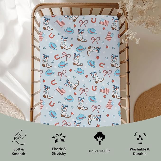 July 4th Western Cowboys Baby Crib Sheets for Boy 52"x28" Cowboy Boots Hat American Flag Stars Bows Soft Snug Fitted Crib Mattress Cover Patriotic Baby Sheet for Standard Crib & Toddler Bed Mattress