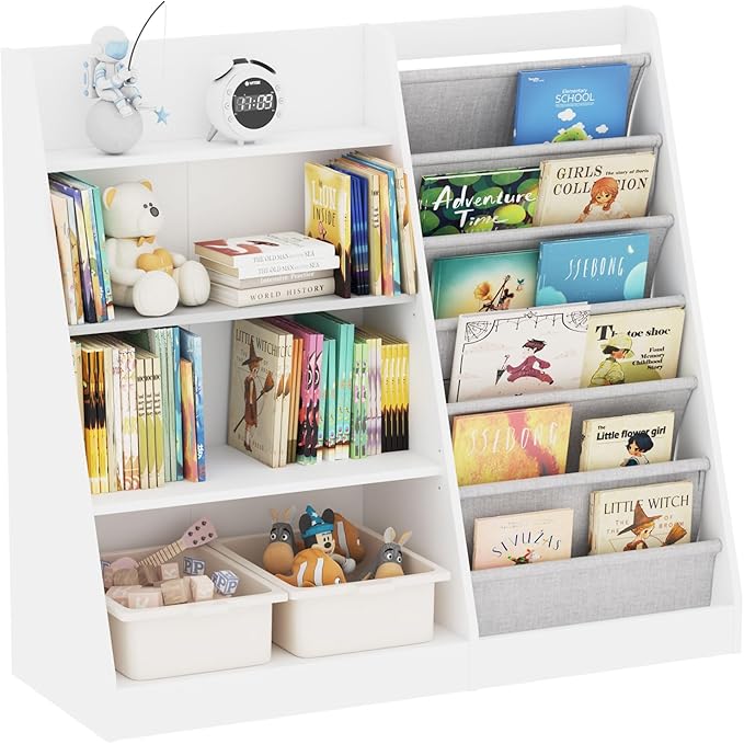 HedoAjim White Kids Bookshelf Wood Toy Storage Organizer Cabinet Children Bookcase Toddler Baby Sling Book Rack Adjustable Shelf for Playroom Bedroom Nursery Hallway School Kindergarten
