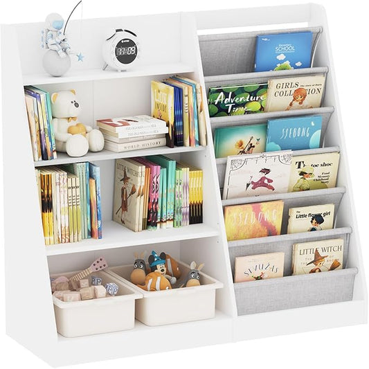 HedoAjim White Kids Bookshelf Wood Toy Storage Organizer Cabinet Children Bookcase Toddler Baby Sling Book Rack Adjustable Shelf for Playroom Bedroom Nursery Hallway School Kindergarten