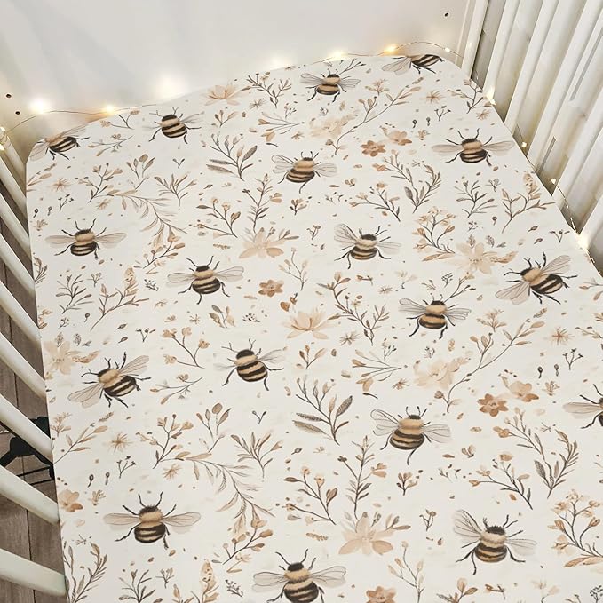Vintage Bees Boho Flowers Baby Crib Sheets for Boy Girl 52x28Inch Retro Bees Floral Soft Stretchy Fitted Crib Mattress Cover Spring Summer Baby Sheet Fits Unisex Standard Bed and Toddler Mattress