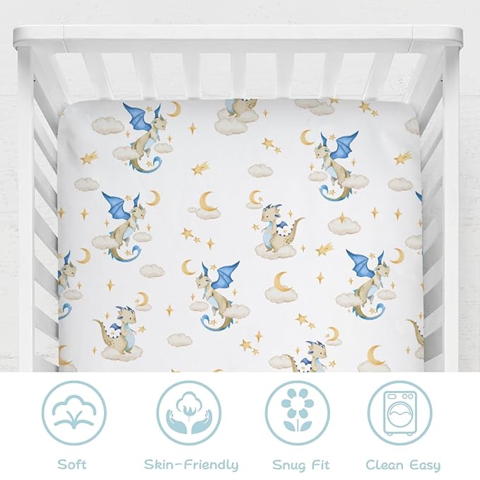 Cartoon Fairy Tale Dragon Moon Stars Clouds Baby Crib Sheets 52''x28'' Watercolor Dragons Stretchy Fitted Crib Mattress Cover for Boy Girl Soft Bed Sheet for Standard Crib and Toddler Mattress